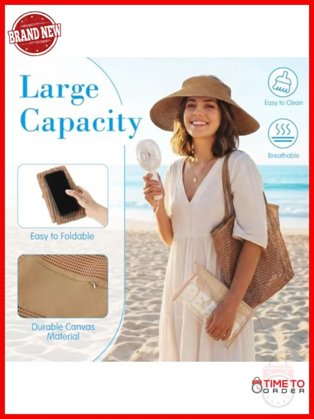 4pc Beach Gift Set: Tote Bag, Sun Hat, Makeup Bag, Handheld Fan Summer Travel